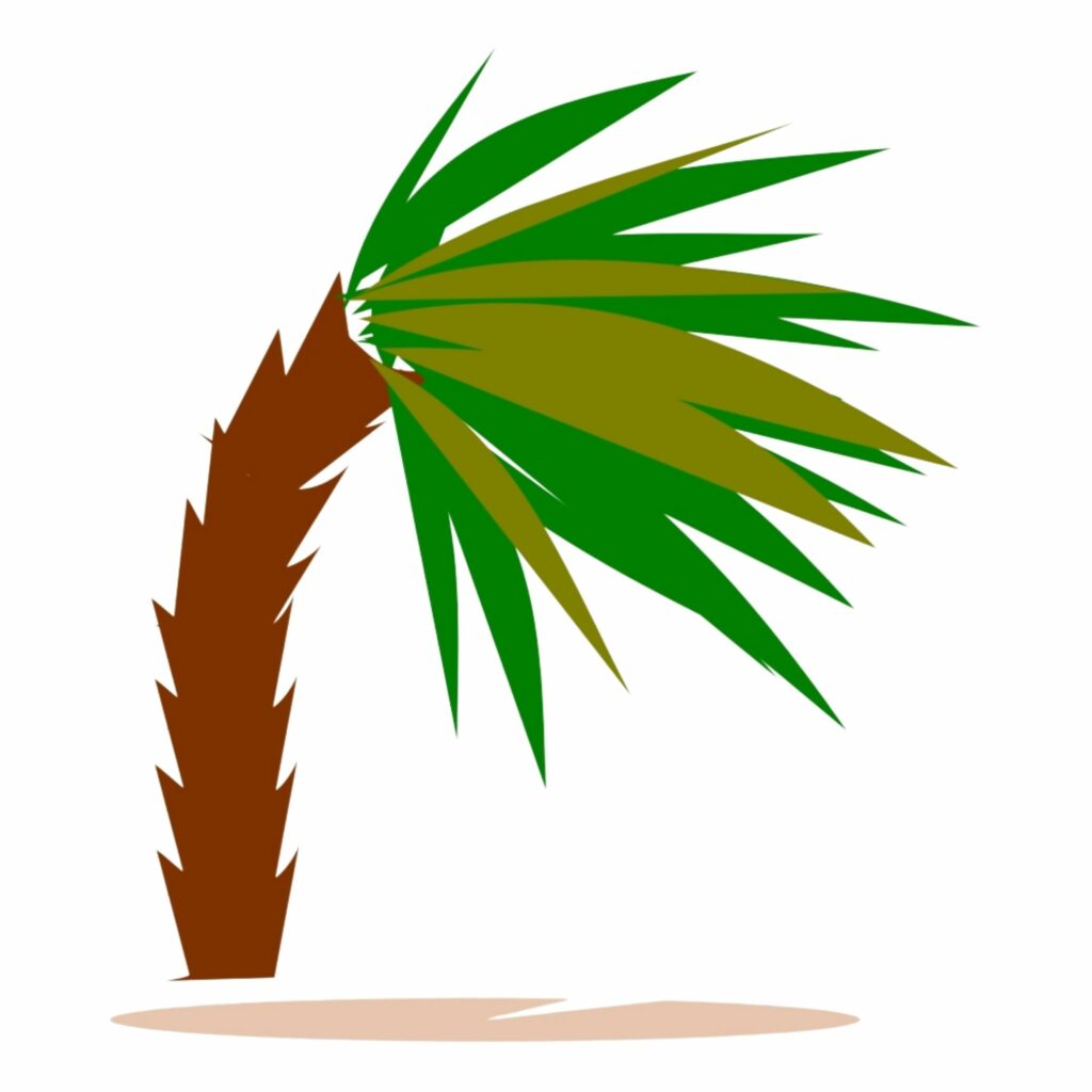 Illustration of palm tree on sand being blown sideways.